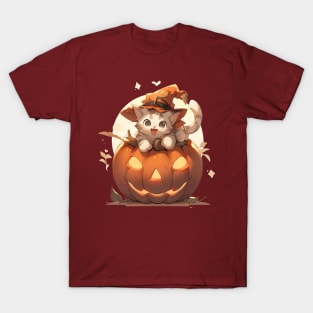 Kawaii cat witch on a halloween pumpkin T-Shirt